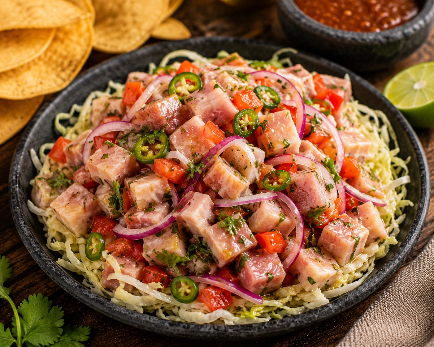 Ceviche de Queso de Puerco con limón, jitomate y chile serrano