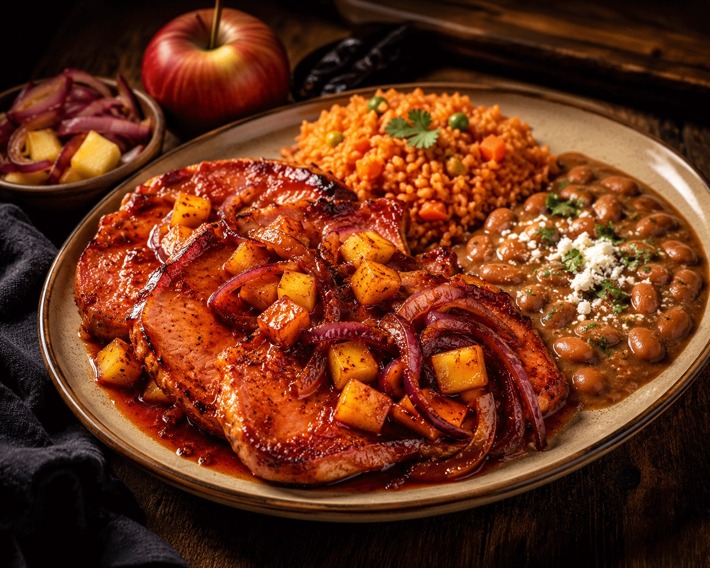 Chuleta Ahumada en salsa de chipotle con manzana y cebolla morada