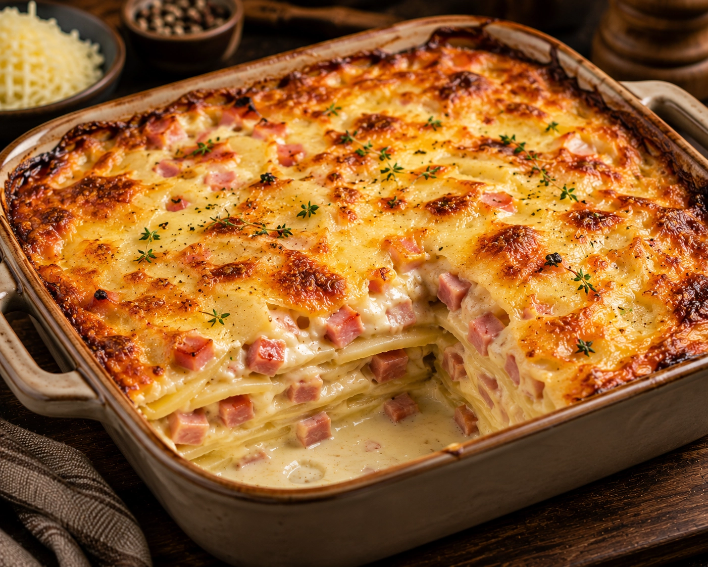 Papas gratinadas en capas con Jamón Americano y queso manchego