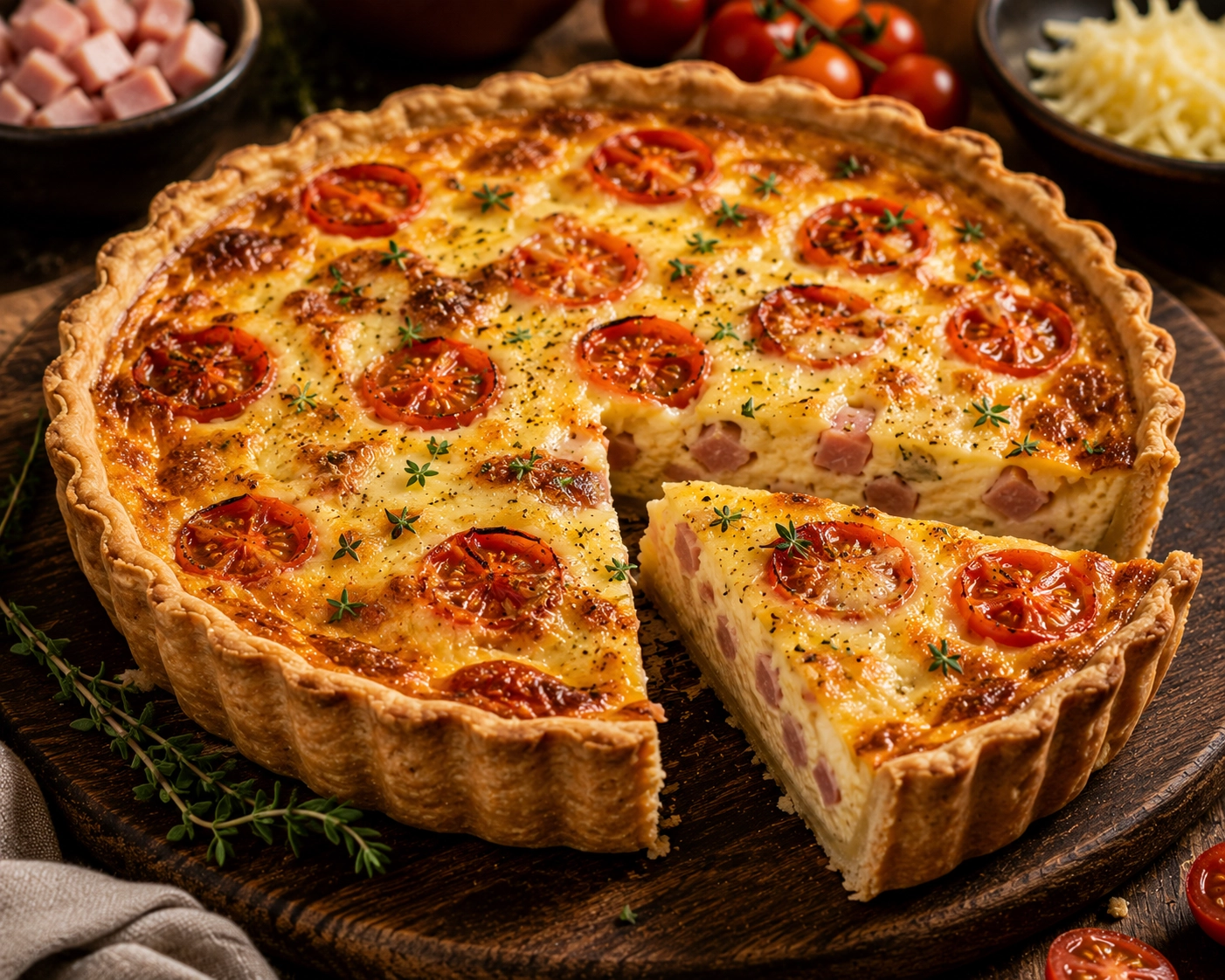 Quiche de Jamón York con tomates cherry y queso gruyère